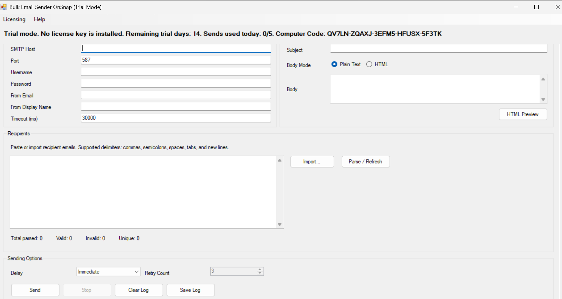 Bulk Email Sender OnSnap desktop interface showing bulk email workflow, contact list handling, and sending controls.