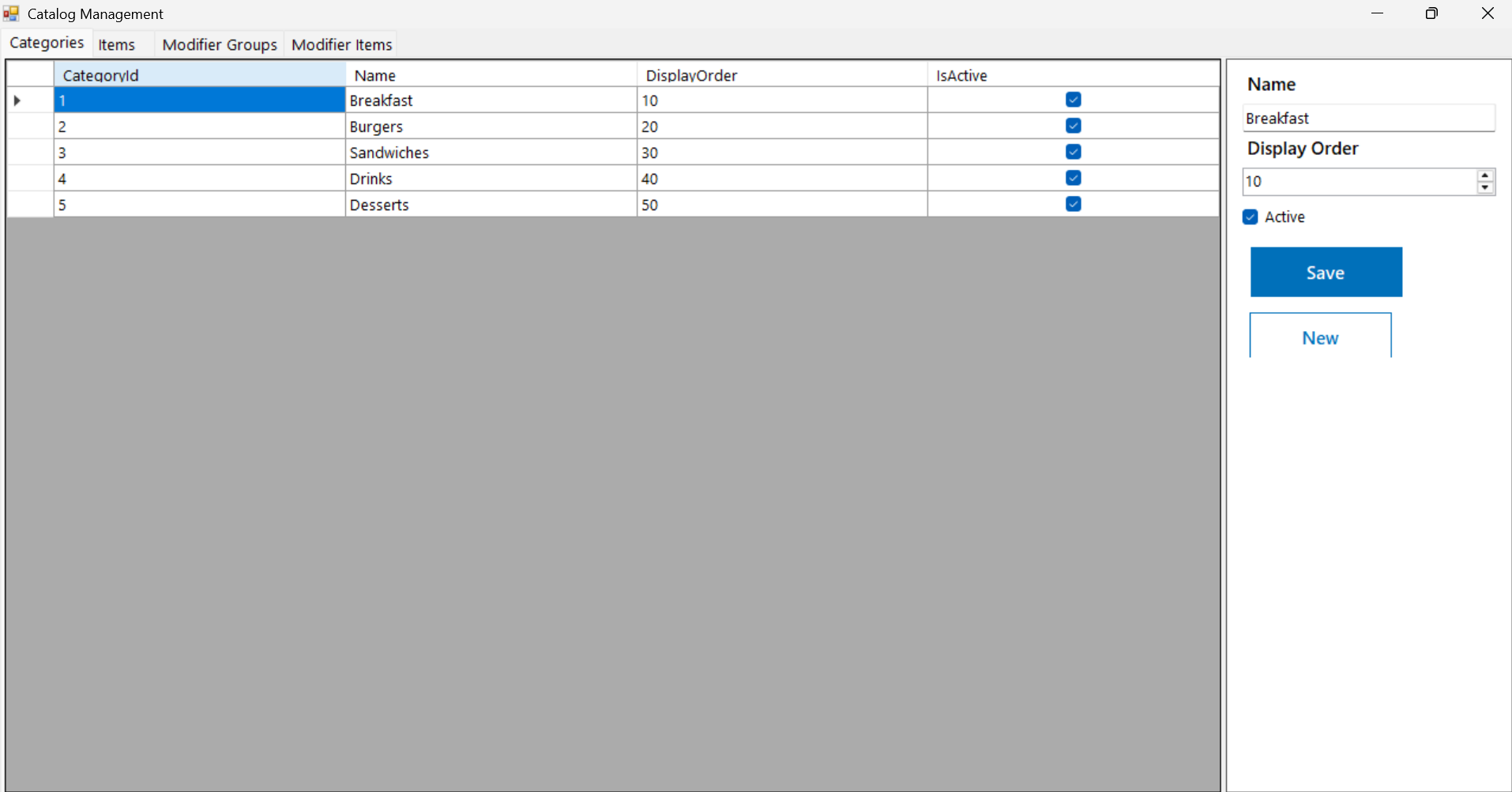 OnSnap Restaurant POS menu catalog with categories items and modifiers