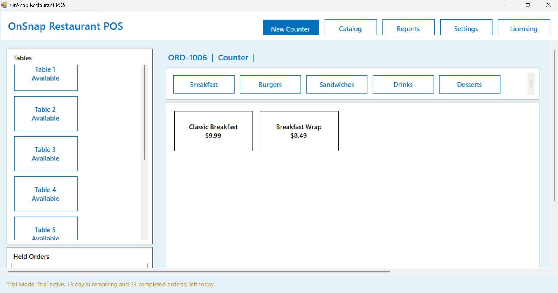 OnSnap Restaurant POS main order screen for dine-in and takeaway orders