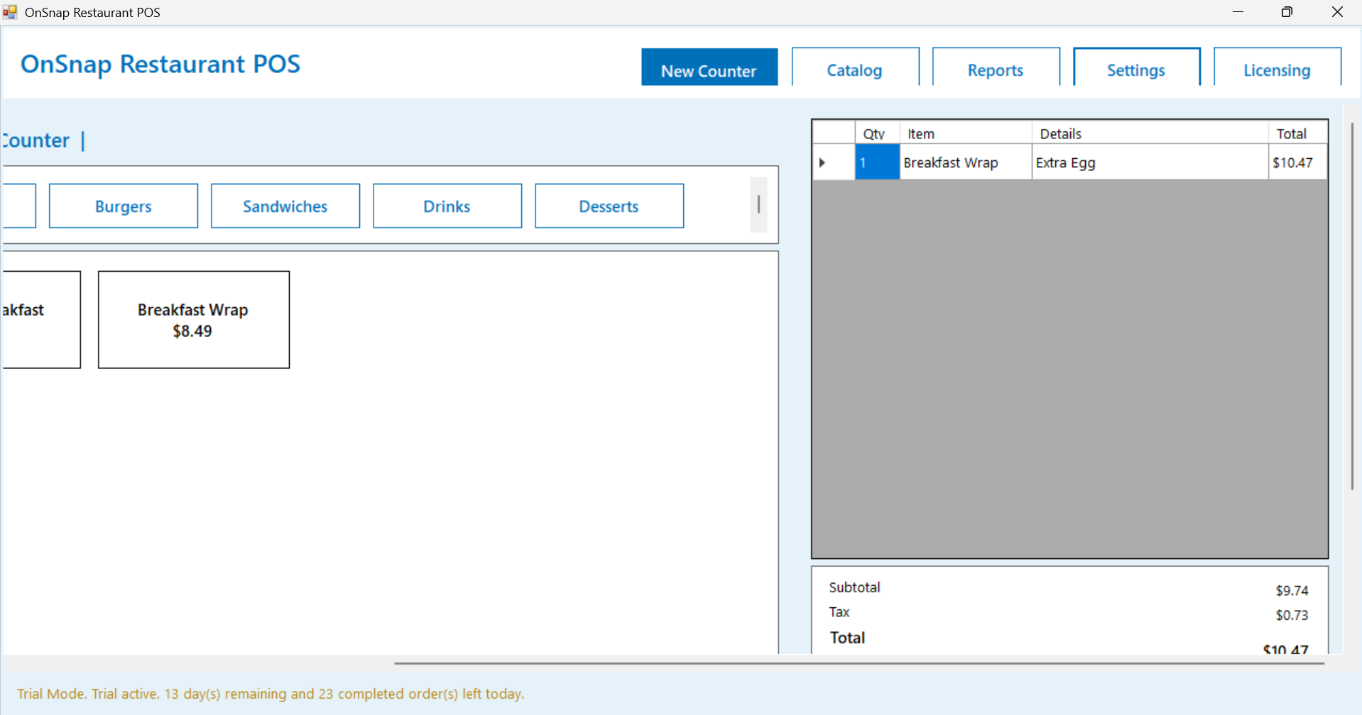 OnSnap Restaurant POS second main screen showing touch-friendly workflow