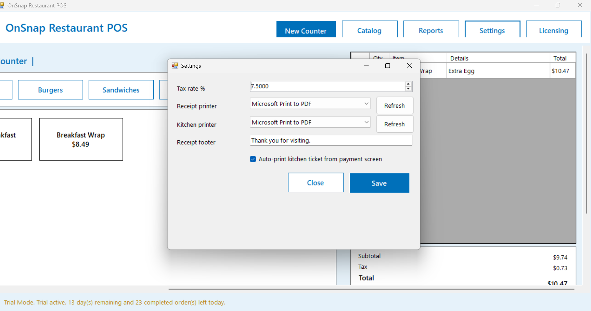 OnSnap Restaurant POS settings screen including tax and printing setup